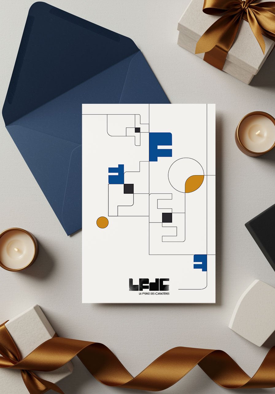 Carte cadeau minimaliste décorée de rubans dorés et d’une enveloppe bleue sur une table claire.