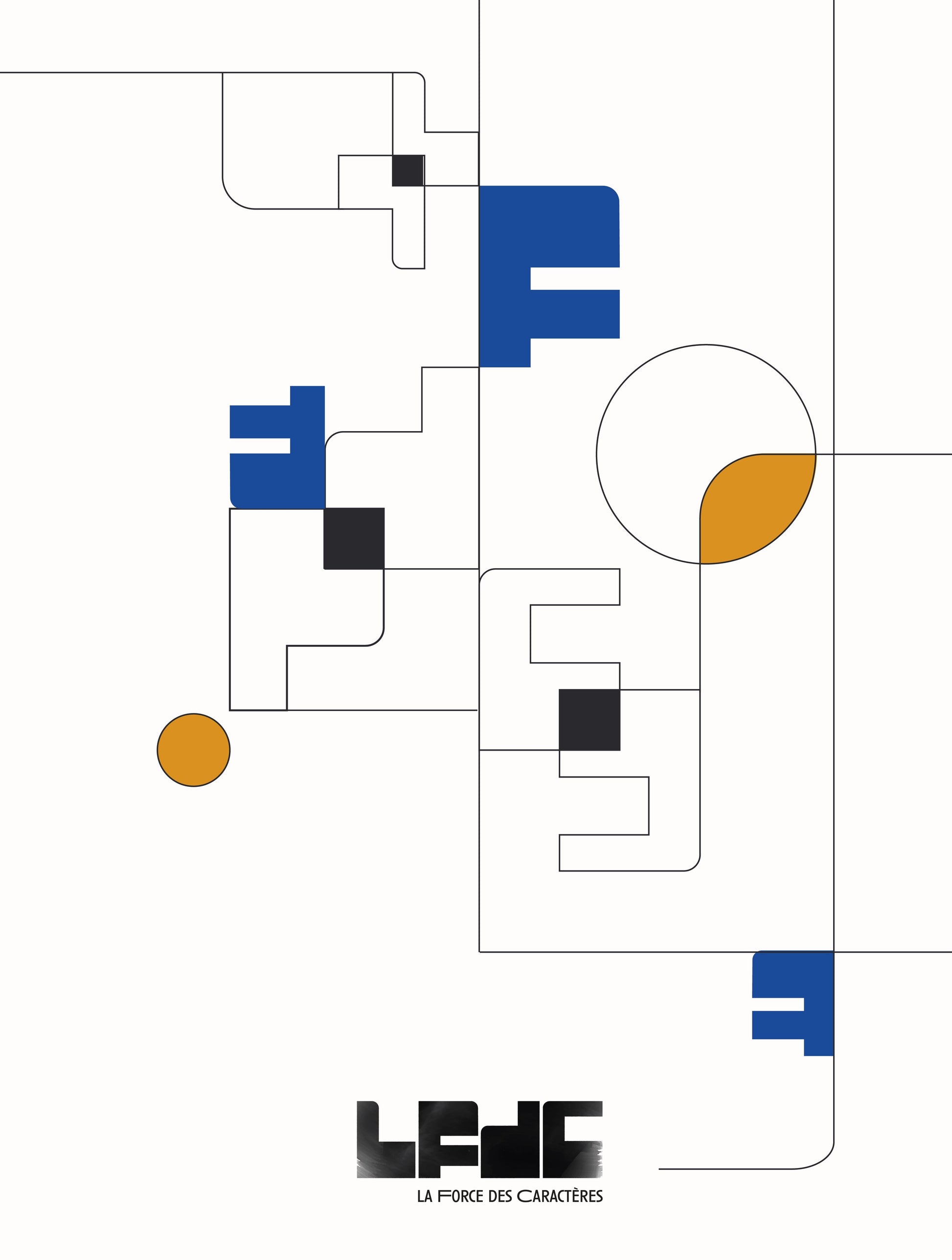 Motif graphique Bauhaus aux formes géométriques minimalistes, accompagné du logo LFDC “La Force des Caractères”.