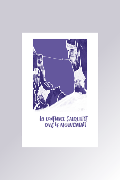Affiche La confiance s'acquiert dans le mouvement en violet avec illustration d'escalade en montagne - La Force des Caractères