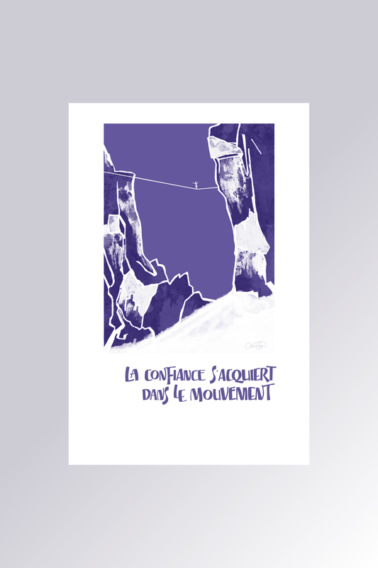 Affiche La confiance s'acquiert dans le mouvement en violet avec illustration d'escalade en montagne - La Force des Caractères