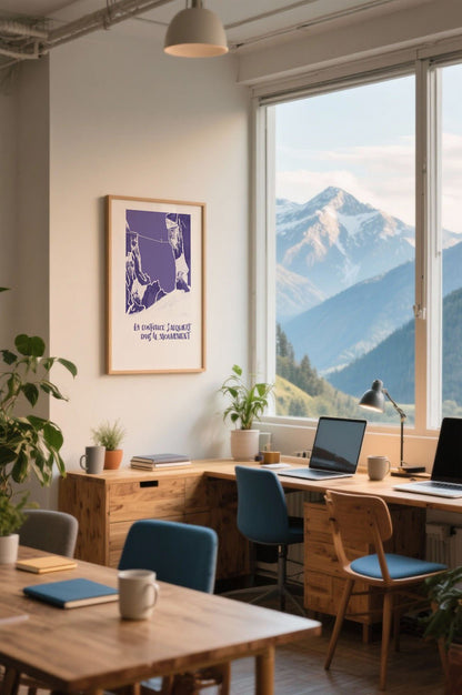 Affiche murale violette “La confiance s’acquiert dans le mouvement” dans un espace de coworking lumineux avec vue sur les montagnes.