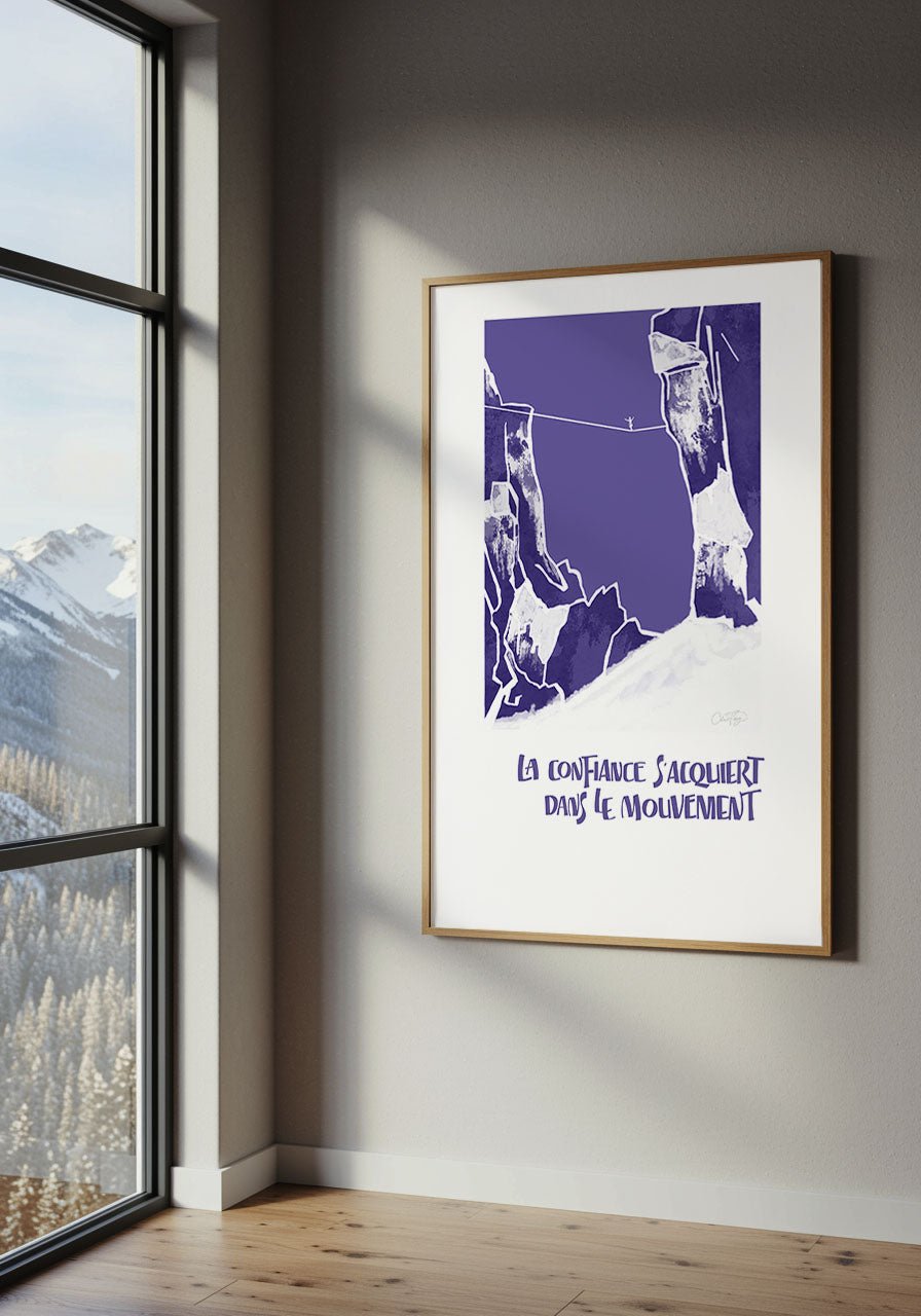 Affiche violette “La confiance s’acquiert dans le mouvement” posée contre un mur, éclairée par une lumière naturelle.