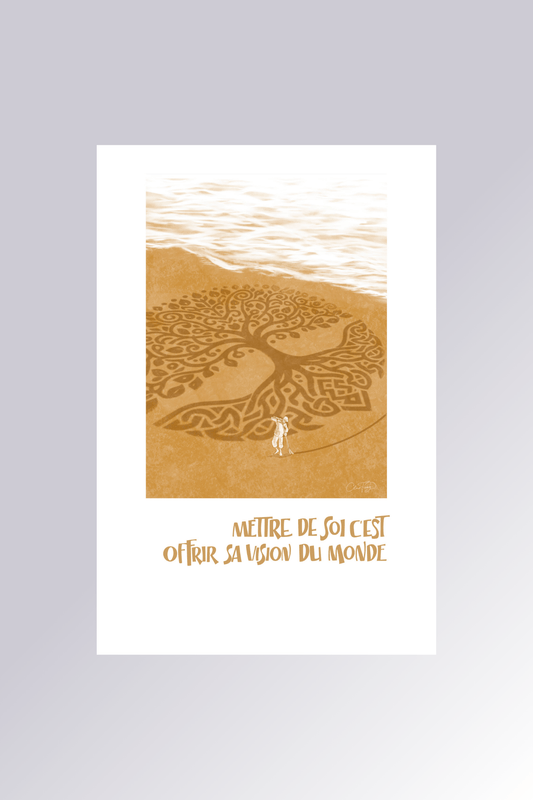Affiche Mettre de soi c'est offrir sa vision du monde en tons dorés avec arbre de vie sur plage - La Force des Caractères
