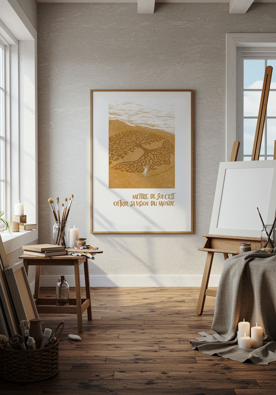 Affiche “Mettre de soi, c’est offrir sa vision du monde” dans un atelier d’artiste, entourée de pinceaux, chevalet et matériel de création.