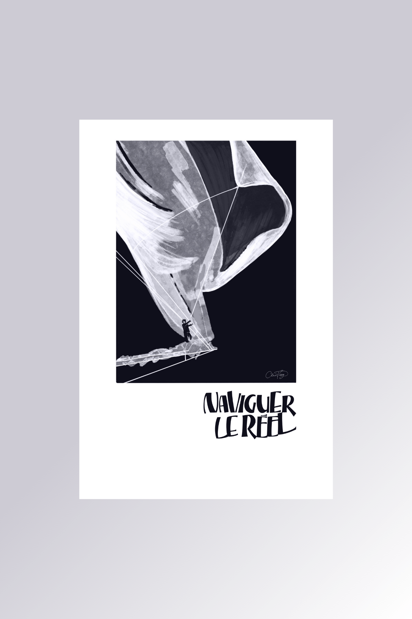 Affiche Naviguer le réel noir et blanc - Citation leadership minimaliste avec voilier - La Force des Caractères