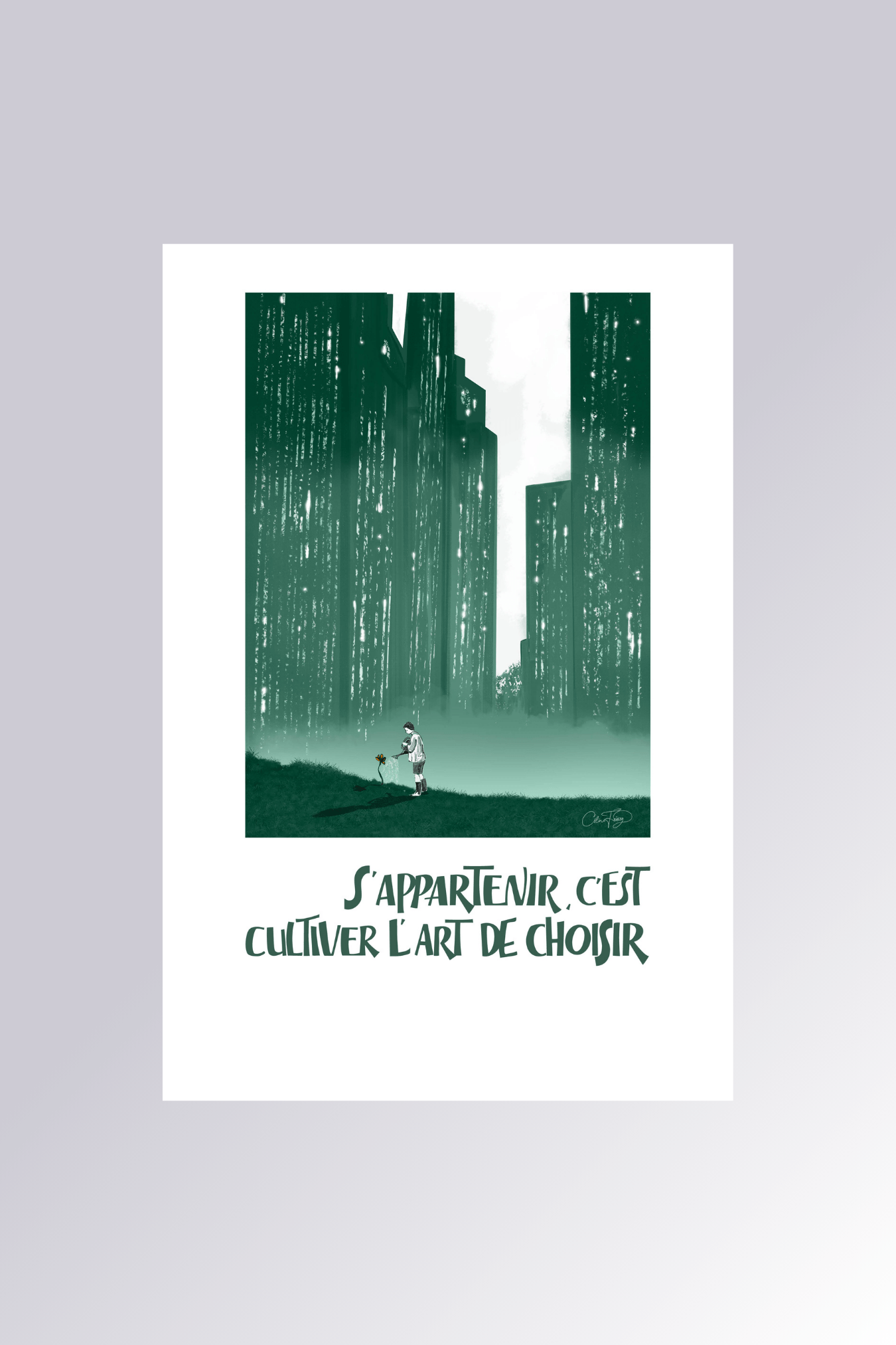 Affiche S'appartenir c'est cultiver l'art de choisir en vert émeraude avec silhouette urbaine et personnage - La Force des Caractères