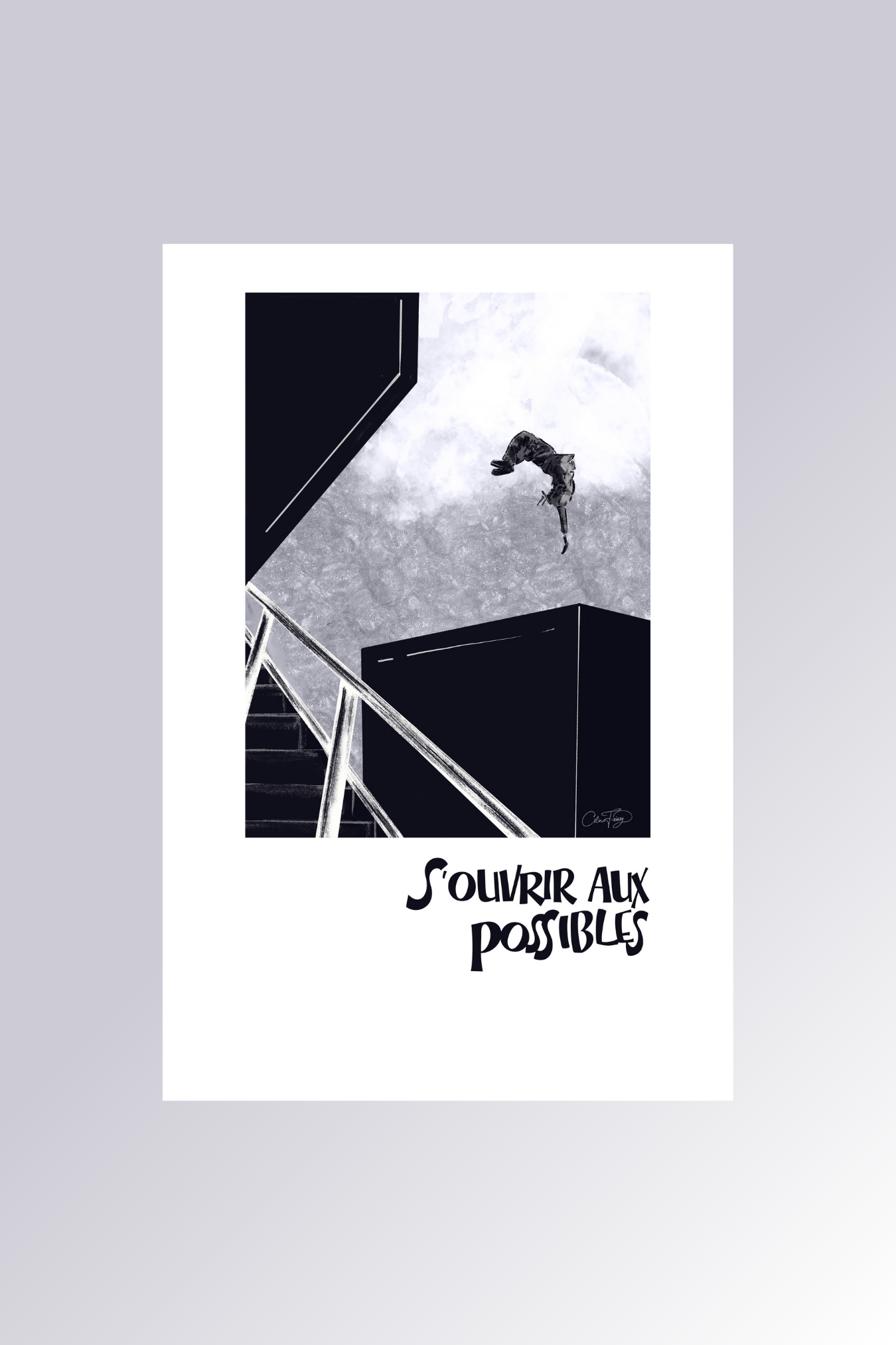 Affiche S'ouvrir aux possibles en noir et blanc avec illustration de plongeon depuis un tremplin - La Force des Caractères