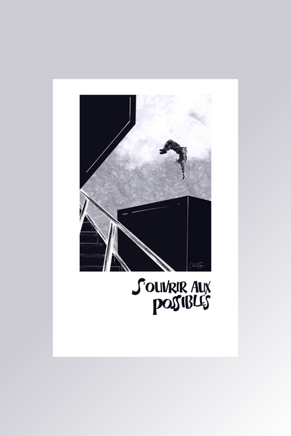 Affiche S'ouvrir aux possibles en noir et blanc avec illustration de plongeon depuis un tremplin - La Force des Caractères