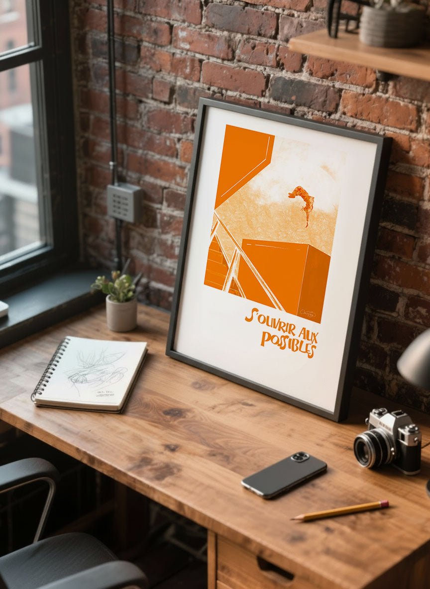Affiche orange “S’ouvrir aux possibles” posée sur un bureau en bois près d’une fenêtre, ambiance atelier créatif.