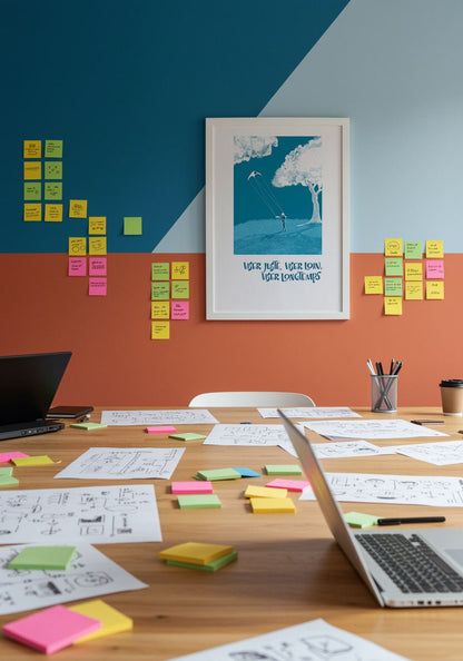 Affiche bleue “Viser juste, viser loin, viser longtemps” dans une salle de brainstorming remplie de post-it et de documents créatifs.
